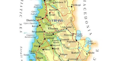 Քարտեզ ֆիզիկական քարտեզ Ալբանիայում